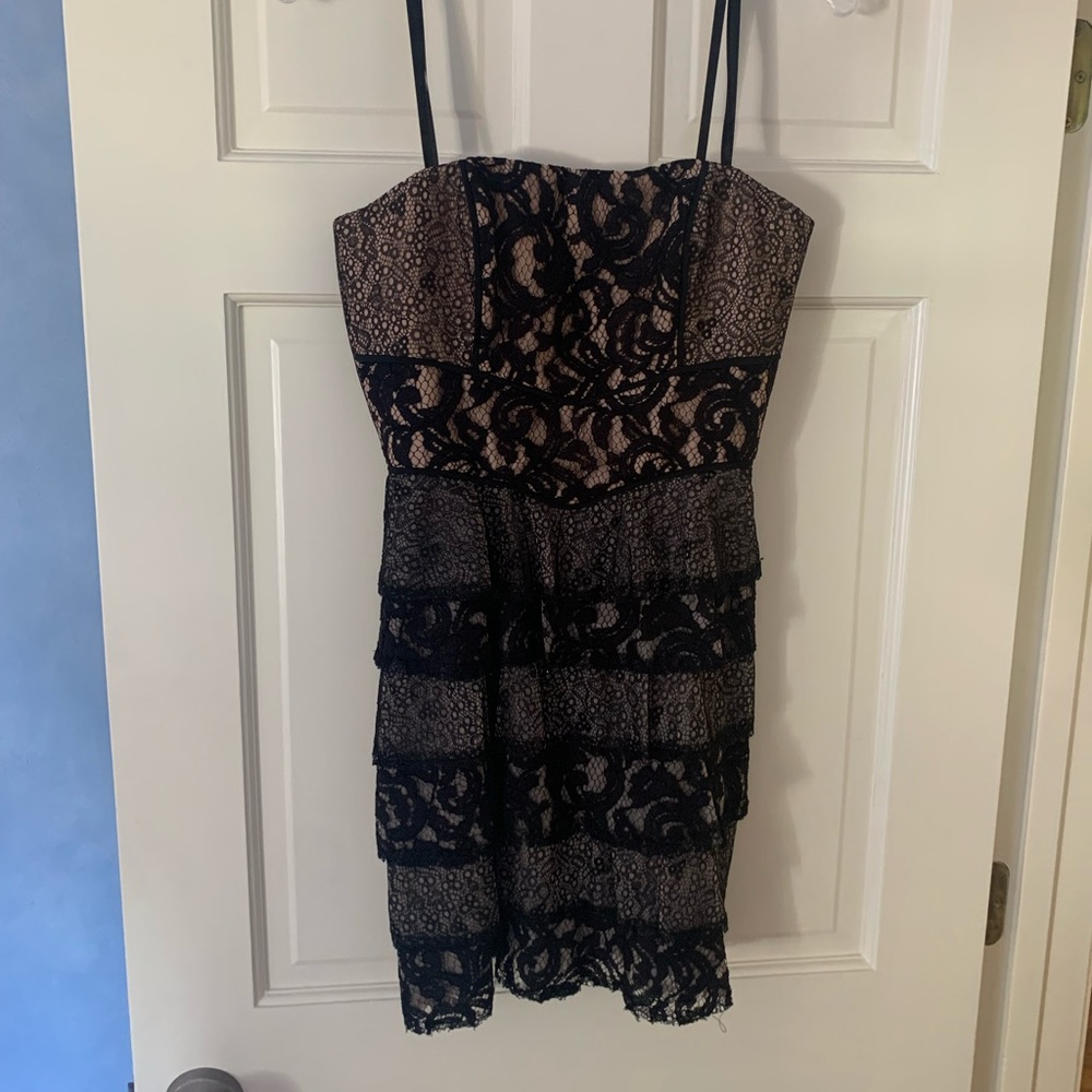 BCBG Black and Tan strapless dress
